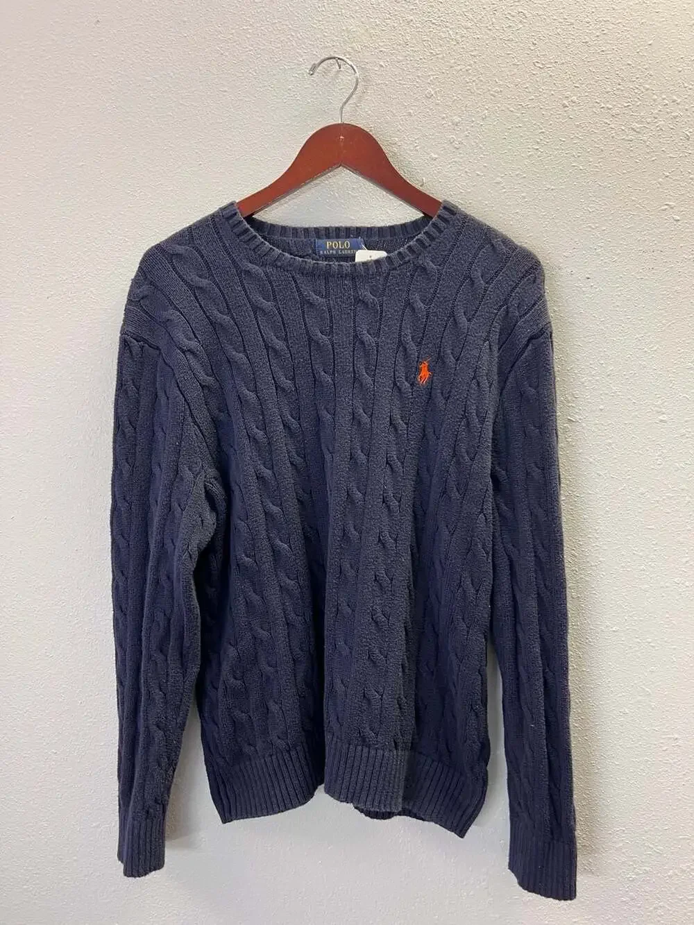 Polo Ralph Lauren Cable Knit Sweater Mens Large Navy Blue Orange Pony 0334